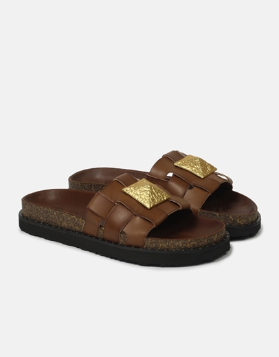 Εικόνα της Δερμάτινα σανδάλια Ελληνικής κατασκευής με σχέδιο πλέξης και αγκράφα Ταμπά