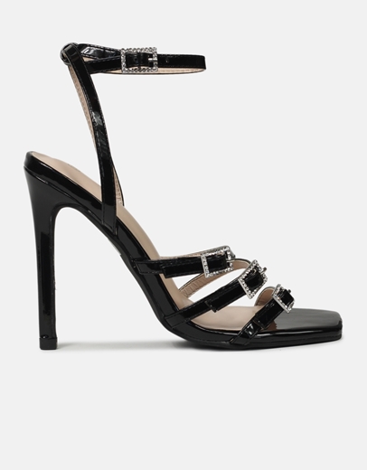 Εικόνα της Ψηλοτάκουνα πέδιλα λουστρίνι σε καρέ γραμμή Μαύρο