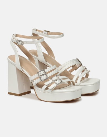 Εικόνα της Πέδιλα με τετράγωνο τακούνι και λεπτομέρεις από strass Λευκό