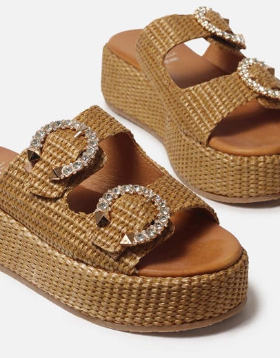 Εικόνα της Δερμάτινα flatforms σανδάλια Ελληνικής Κατασκευής με πετράδια Ταμπά