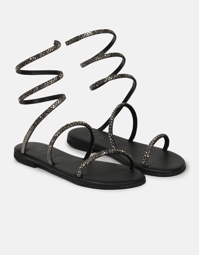 Εικόνα της Δερμάτινα Ελληνικής Κατασκευής lace up σανδάλια flat Μαύρο