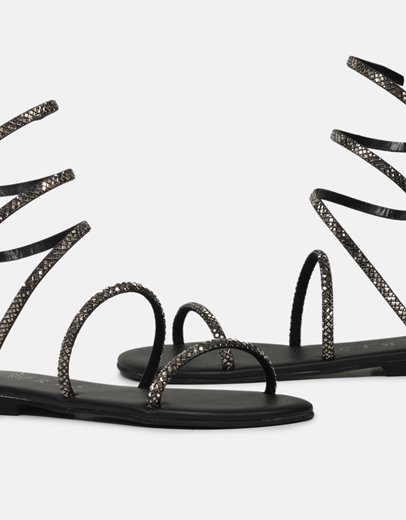 Εικόνα της Δερμάτινα Ελληνικής Κατασκευής lace up σανδάλια flat Μαύρο