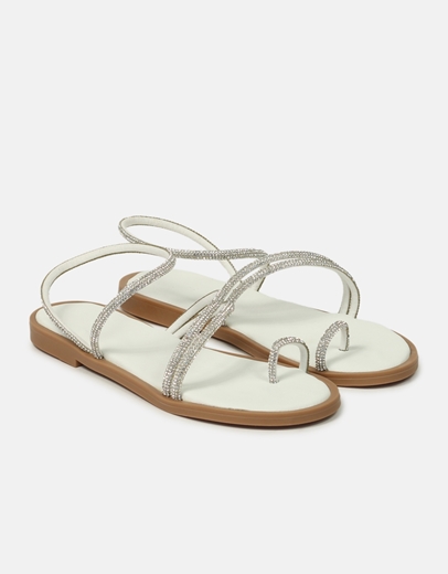 Εικόνα της Δερμάτινα flat σανδάλια Ελληνικής κατασκευής με strass Λευκό