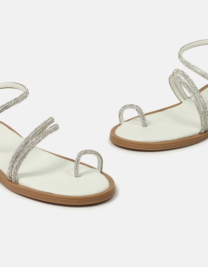 Εικόνα της Δερμάτινα flat σανδάλια Ελληνικής κατασκευής με strass Λευκό