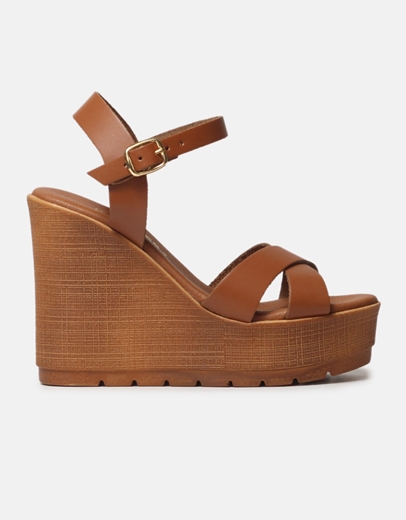 Εικόνα της Δερμάτινες πλατφόρμες χιαστί με μπαρέτα Ελληνικής κατασκευής Ταμπά