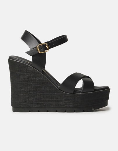 Εικόνα της Δερμάτινες πλατφόρμες χιαστί με μπαρέτα Ελληνικής κατασκευής Μαύρο