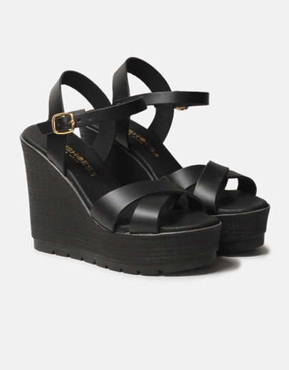 Εικόνα της Δερμάτινες πλατφόρμες χιαστί με μπαρέτα Ελληνικής κατασκευής Μαύρο