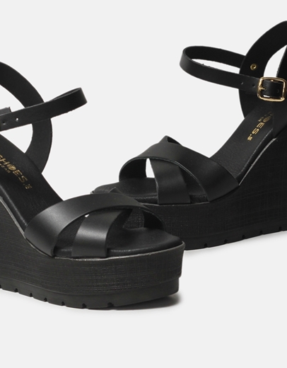 Εικόνα της Δερμάτινες πλατφόρμες χιαστί με μπαρέτα Ελληνικής κατασκευής Μαύρο