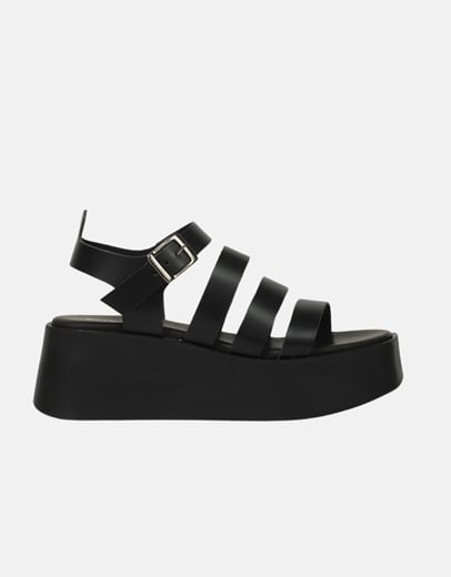 Εικόνα της Δερμάτινες πλατφόρμες Ελληνικής κατασκευής με λουριά Μαύρο