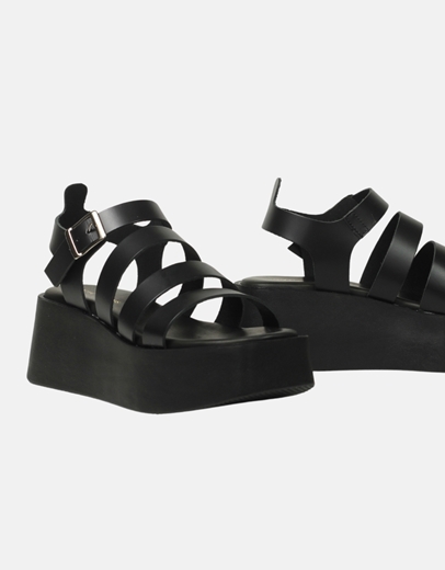 Εικόνα της Δερμάτινες πλατφόρμες Ελληνικής κατασκευής με λουριά Μαύρο