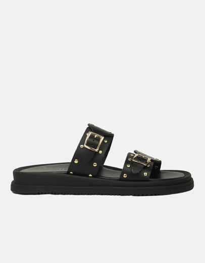 Εικόνα της Δερμάτινα flat σανδάλια με τρουκς Μαύρο