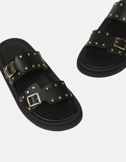 Εικόνα της Δερμάτινα flat σανδάλια με τρουκς Μαύρο