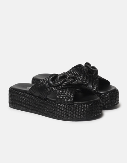 Εικόνα της Δερμάτινα flatforms Ελληνικής Κατασκευής με χιαστί σχέδιο Μαύρο