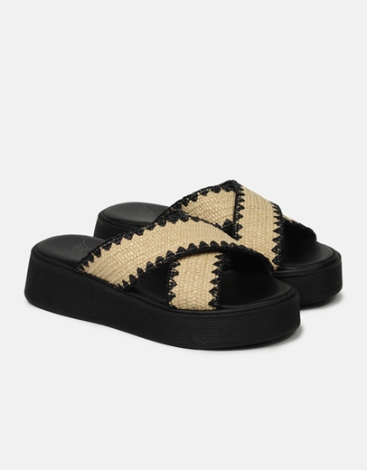 Εικόνα της Δερμάτινα flatforms Ελληνικής Κατασκευής με χιαστί φάσα Μαύρο