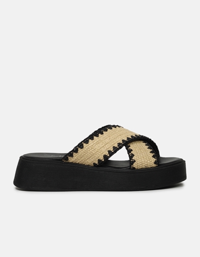 Εικόνα της Δερμάτινα flatforms Ελληνικής Κατασκευής με χιαστί φάσα Μαύρο