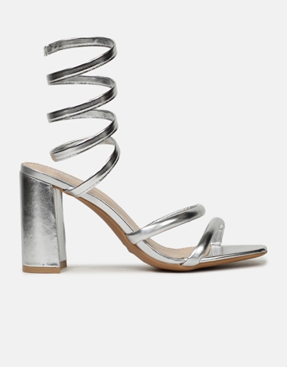 Εικόνα της Lace up πέδιλα με τετράγωνο τακούνι Ασημί