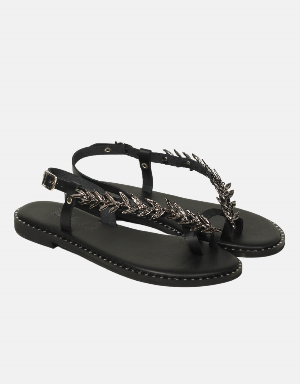 Εικόνα από Δερμάτινα flat σανδάλια Ελληνικής Κατασκευής με φύλλα ελιάς Μαύρο