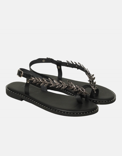Εικόνα της Δερμάτινα flat σανδάλια Ελληνικής Κατασκευής με φύλλα ελιάς Μαύρο