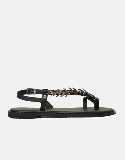 Εικόνα της Δερμάτινα flat σανδάλια Ελληνικής Κατασκευής με φύλλα ελιάς Μαύρο