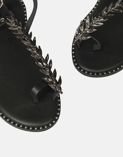 Εικόνα της Δερμάτινα flat σανδάλια Ελληνικής Κατασκευής με φύλλα ελιάς Μαύρο