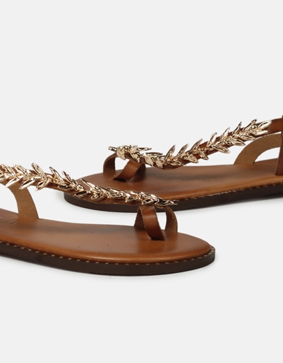 Εικόνα της Δερμάτινα flat σανδάλια Ελληνικής Κατασκευής με φύλλα ελιάς Ταμπά