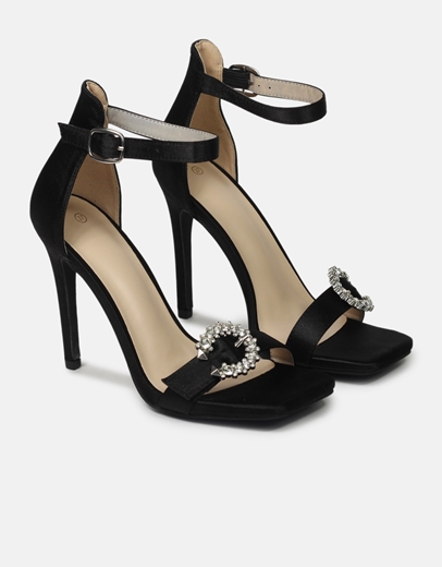 Εικόνα της Σατέν ψηλοτάκουνα πέδιλα με μπαρέτα Μαύρο
