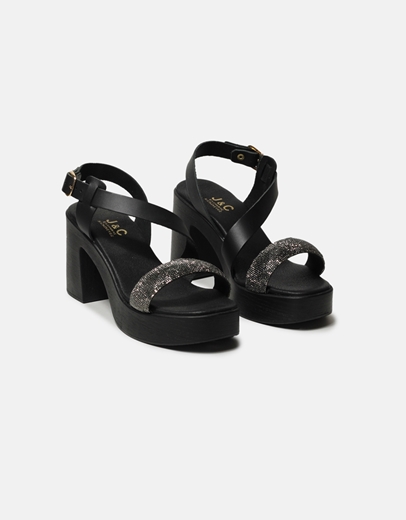 Εικόνα της Δερμάτινα πέδιλα Ελληνικής κατασκευής με λοξό λουράκι και strass Μαύρο