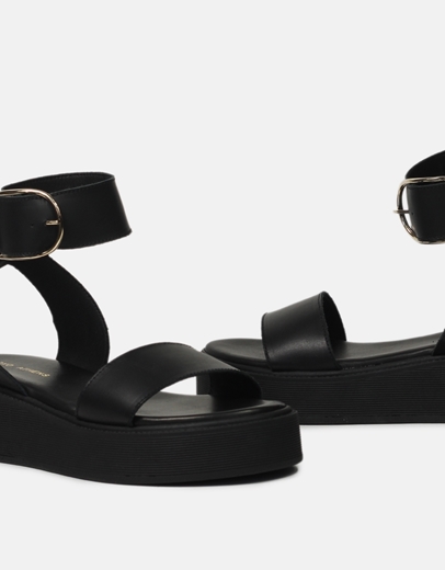 Εικόνα της Δερμάτινα flatforms Ελληνικής κατασκευής με μπαρέτα Μαύρο