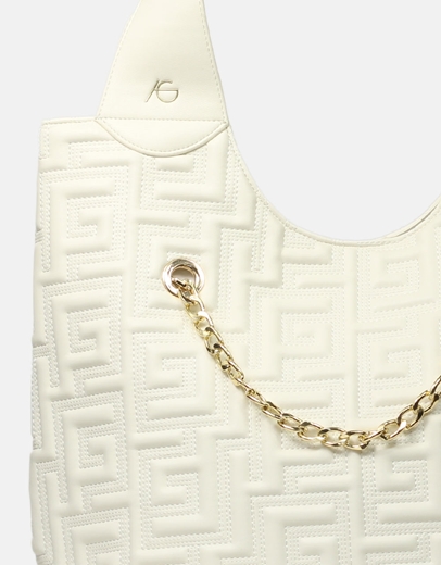 Εικόνα της Τσάντα χειρός με αλυσίδα και μοτίβο μαιάνδρου Μπεζ