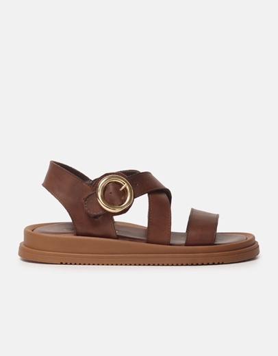 Εικόνα της Δερμάτινα σανδάλια Ελληνικής Κατασκευής με φαρδιά λουράκια Καφέ