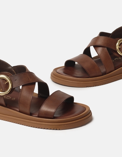 Εικόνα της Δερμάτινα σανδάλια Ελληνικής Κατασκευής με φαρδιά λουράκια Καφέ