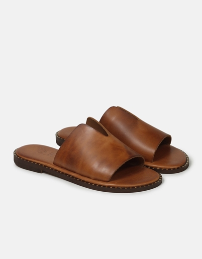 Εικόνα της Δερμάτινα flat σανδάλια Ελληνικής Κατασκευής με κόψιμο στη φάσα Ταμπά