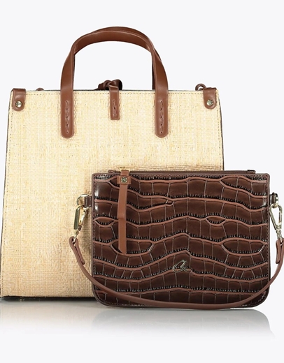 Εικόνα της Τσάντα χειρός ψάθινη με έξτρα τσάντα Καφέ