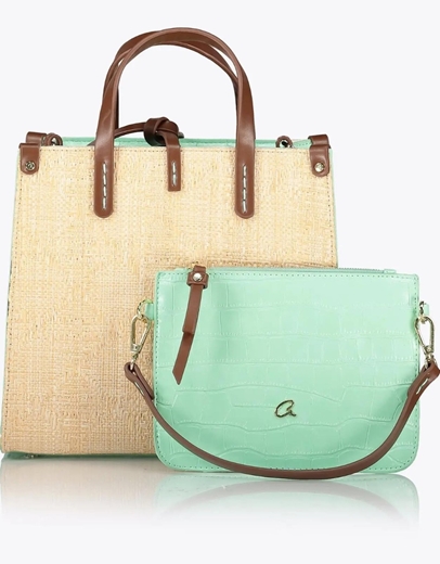 Εικόνα της Τσάντα χειρός ψάθινη με έξτρα τσάντα Μέντα