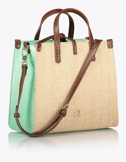 Εικόνα της Τσάντα χειρός ψάθινη με έξτρα τσάντα Μέντα