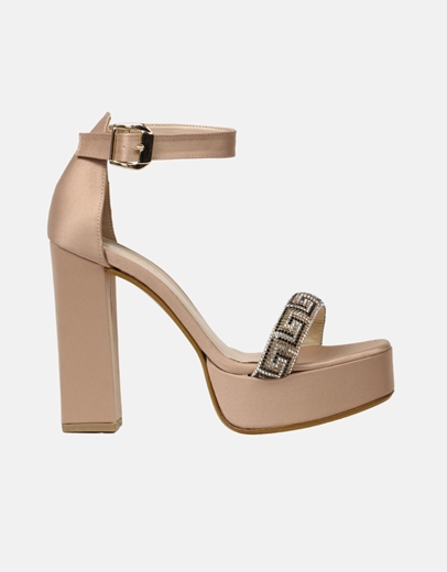Εικόνα της Σατέν ψηλοτάκουνα πέδιλα Ελληνικής κατασκευής με strass Nude