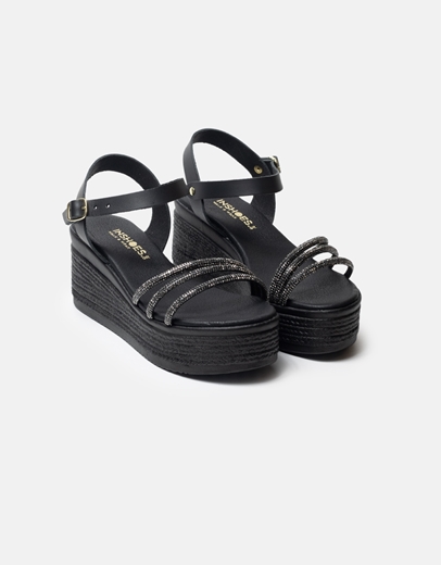 Εικόνα της Δερμάτινες πλατφόρμες Ελληνικής κατασκευής με λουράκια strass Μαύρο