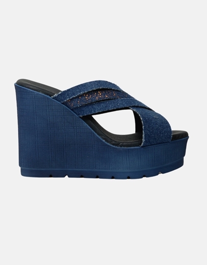 Εικόνα της Δερμάτινες ψηλές πλατφόρμες με χιαστί σχέδιο Μπλε