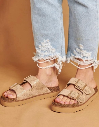 Εικόνα της Δερμάτινα σανδάλια Ελληνικής κατασκευής με χρυσό τοκά Nude