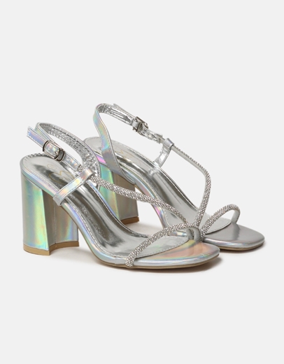 Εικόνα της Πέδιλα με τετράγωνο τακούνι και strass Ασημί