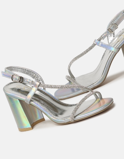 Εικόνα της Πέδιλα με τετράγωνο τακούνι και strass Ασημί
