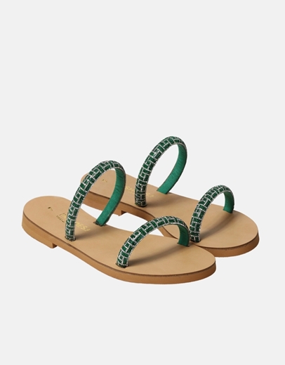 Εικόνα της Δερμάτινα σανδάλια Ελληνικής κατασκευής  με λουράκια strass Πράσινο
