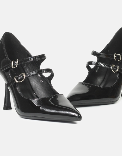 Εικόνα της Μονοχρώμες λουστρίνι γόβες με διπλή μπαρέτα και λεπτό τακούνι Μαύρο