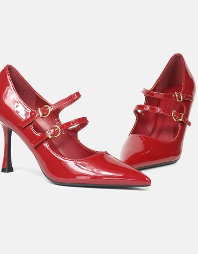 Εικόνα της Μονοχρώμες λουστρίνι γόβες με διπλή μπαρέτα και λεπτό τακούνι Μπορντώ