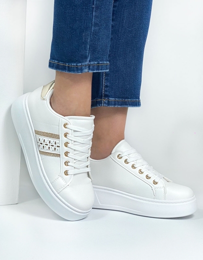 Εικόνα της Γυναικεία sneakers με διπλή σόλα και μοτίβο στο πλάι Λευκό/Χρυσό