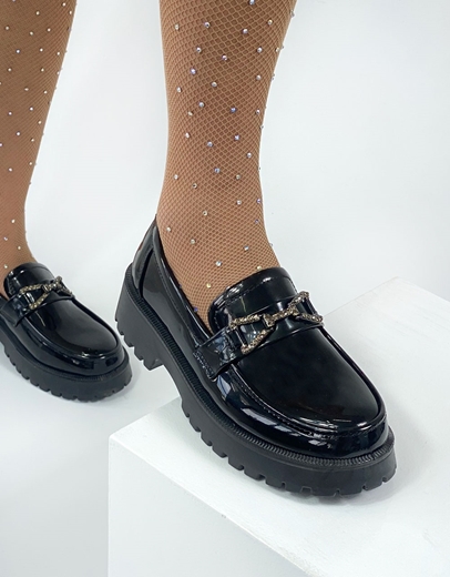 Εικόνα της Γυναικεία loafers μονόχρωμα με φιόγκο και strass Μαύρο