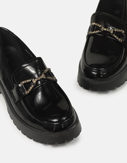 Εικόνα της Γυναικεία loafers μονόχρωμα με φιόγκο και strass Μαύρο