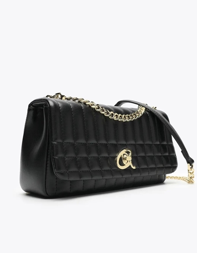 Εικόνα της Tσάντα ώμου με διακοσμητικες γραμμές και λουράκι με αλυσίδα Μαύρο