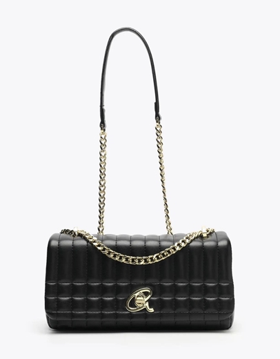 Εικόνα της Tσάντα ώμου με διακοσμητικες γραμμές και λουράκι με αλυσίδα Μαύρο