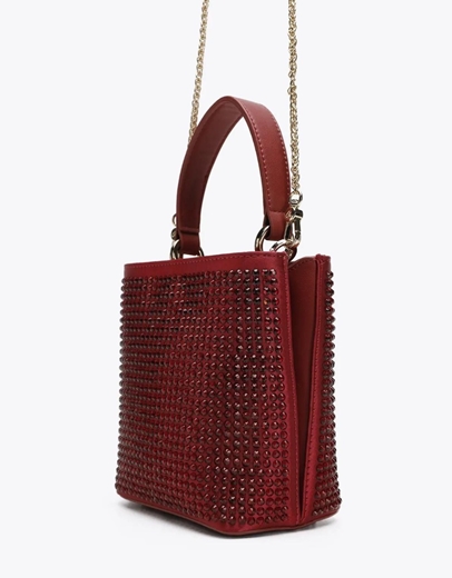 Εικόνα της Γυναικεία τσάντα χειρός με στρας και αλυσίδα Μπορντώ